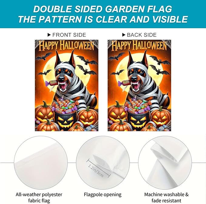 Happy Halloween Garden Flag 12x18 Inch Doberman Mummy Dog Decorative Yard Flag Double Sided Halloween Outdoor Decor Trick or Treat Candy Banner