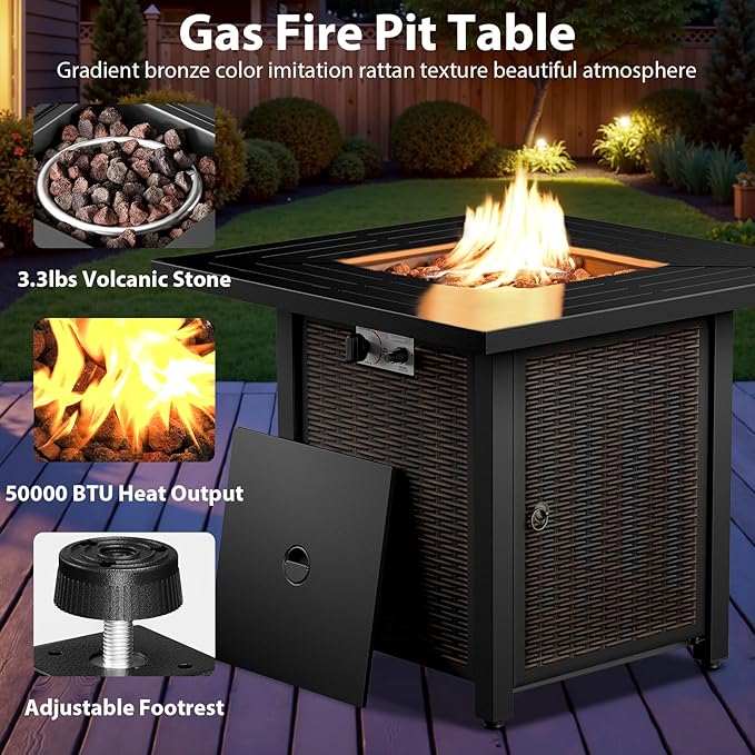7 Piece Patio Furniture Set with Fire Pit Table - Wicker Patio Conversation Set with 4 Swivel Glider Chairs and 2 Tempered Glass Side Tables for Deck Backyard - Brown Wicker Grey Cushion