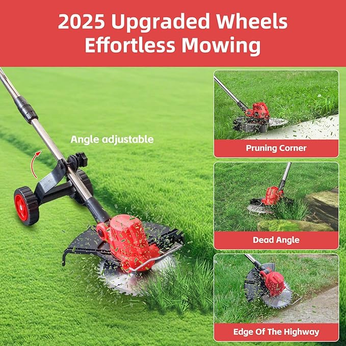 20000 RPM Electric Weed Wacker with Wheel, 3-in-1 Brushless Brush Cutter/String Trimmer/Grass Trimmer/Lawn Mower, 9" Cordless Weed Eater Battery Powered, 2 * 2000mAh Battery, 4 Blade and Charger