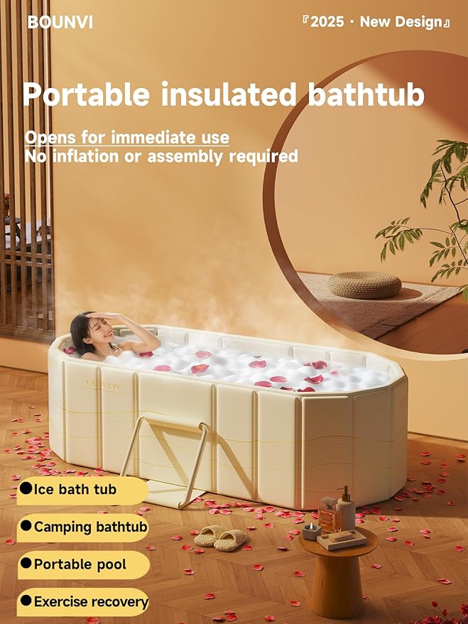 59''Portable insulated bathtub, Ice Bath Tub for Athletes, Inflation-free bathtub for shower, Ice Plunge Tub with Cover, Baths at Home & Outdoor