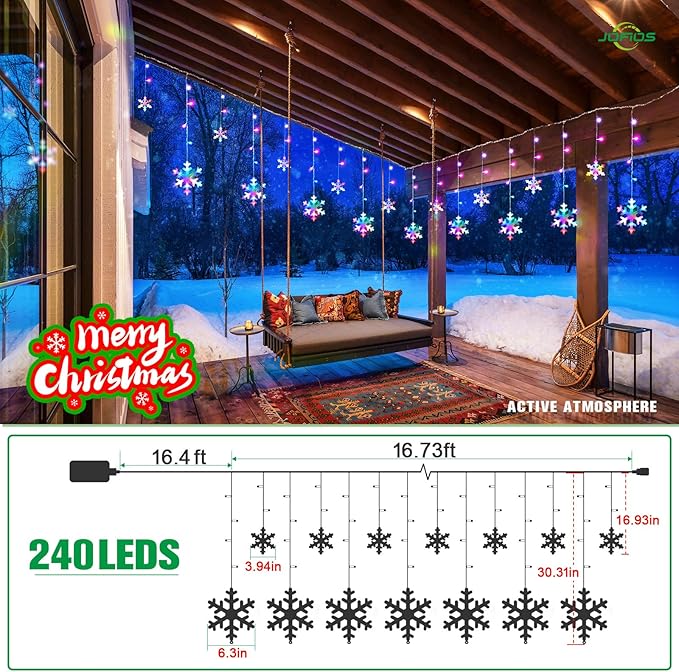 Christmas Snowflake Lights Outdoor, 16.73ft Outdoor Led Icicle Christmas Lights with 20 Drops, Waterproof Icicle String Light for Eaves, Window, Curtain Xmas Decorate