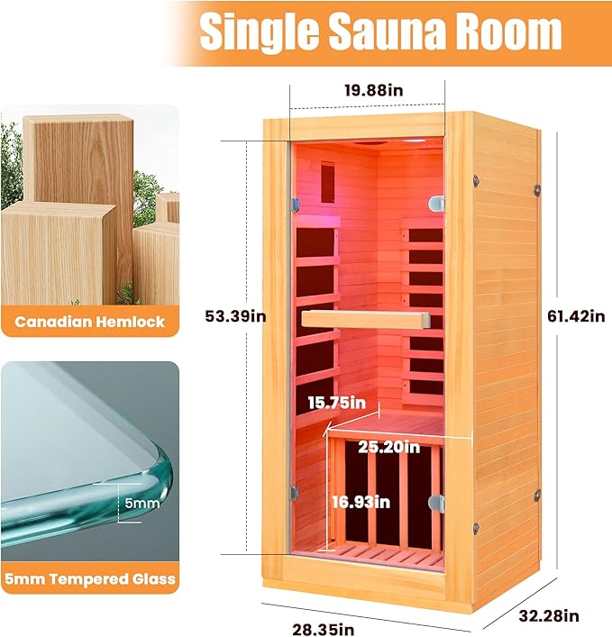 Far Infrared Sauna Home Sauna Room Canadian Hemlock Indoor 1 Person Sauna 900W 110V with Red Light Bluetooth Speakers 28.35"x32.28"x61.42"