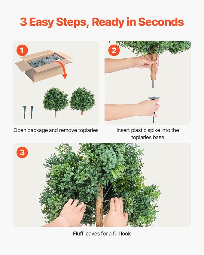 VEVOR Artificial Topiary Boxwood Trees with Ground Spike, 22 inch 2 Set Faux Shrubs & Bushes Potted Plants, Fake Silk Tree Look Real for Decor Front Porch Outdoor Indoor Patio Garden Balcony Backyard
