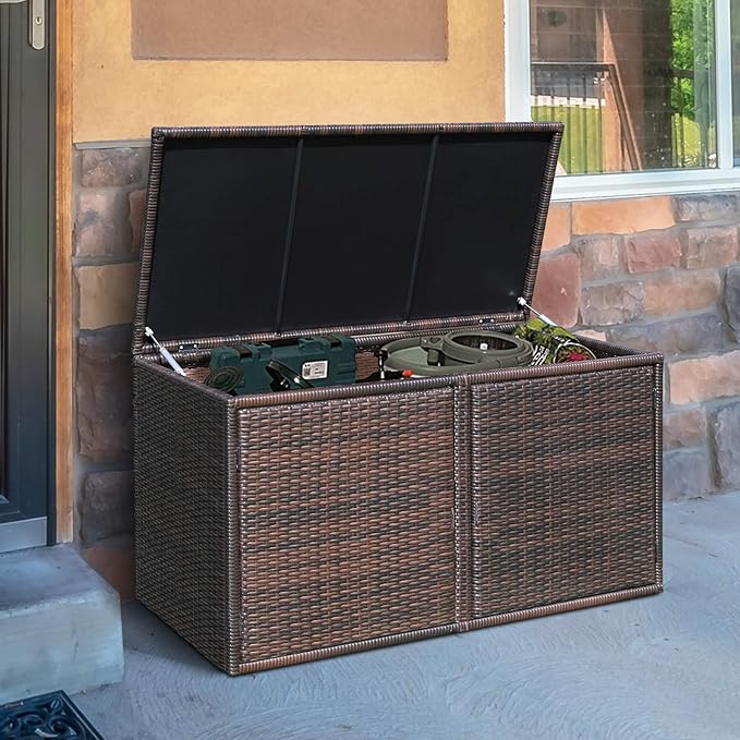 Tangkula Outdoor Wicker Storage Box, Garden Deck Bin with Steel Frame, Rattan Storage Box with Lid, Ideal for Storing Tools, Accessories, 88 Gallon Capacity (Brown)