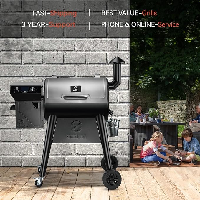 Z GRILLS Wood Pellet Grill Smoker with PID 2.1 Controller, 459 SQ.IN, 450°F Max Temperature, 8 in-1 BBQ Grill, LCD Screen, Meat Probes, Rain Cover, Backyard Camping Bake and Roast, 450E