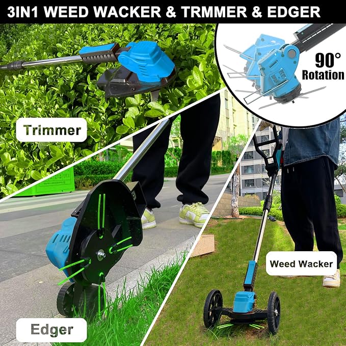 Cordless Weed Wacker Eater Battery Powered, 21V Lightweight Electric Weed Trimmer with 2 Battery Operated & Charger& Wheels & Shears, No-String Grass Trimmer/Brush Cutter/Lawn Edger for Yard Garden