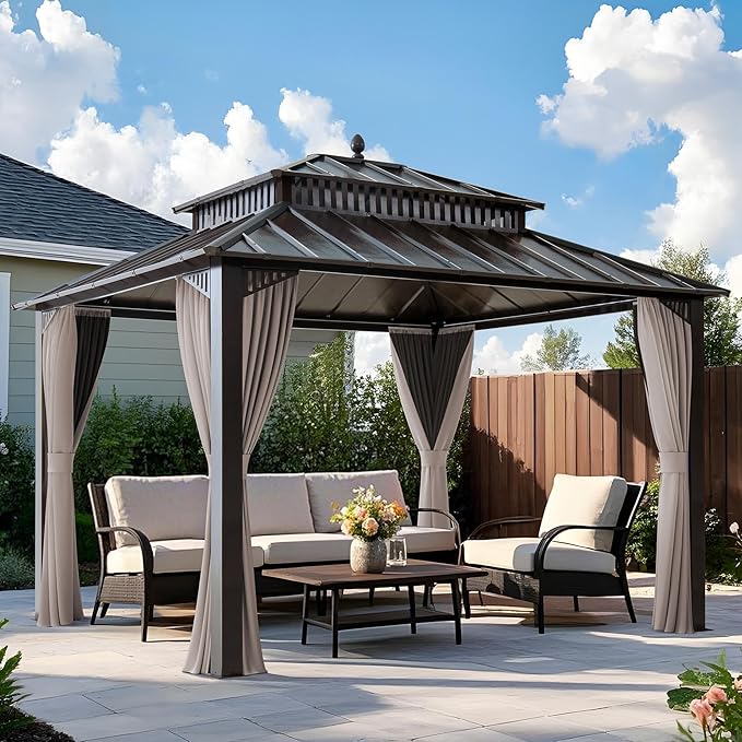 SUNJOY Kingston 12' x 10' Hardtop Gazebo with Galvanized Steel Double Roof, Curtain and Netting, Brown Aluminum Posts Permanent Pavilion Gazebo for Garden, Patio, Deck, Lawn