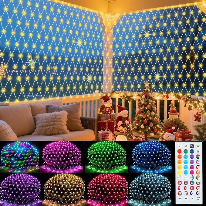 RGB Net Lights, Color Changing Christmas Outdoor Mesh Lights, 9.8ft x 6.6ft 204 LED Halloween Net Light, Connectable Plug in Waterproof Tree Light Bushes Christmas Decoration