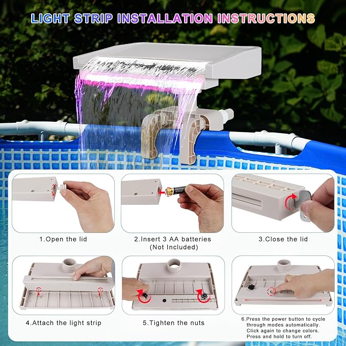 Pool Fountain Waterfall for Above Ground Pools, Swimming Pool Attachment Accessories, Relaxing Cascade Soothing Waterfall, Fits Various Frame Pools (with 7 LED Light)