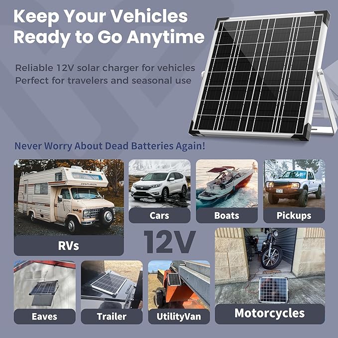 Voltset 12V Solar Battery Charger - 20W Waterproof Solar Power Trickle Charger Battery Maintainer Tender with Smart Charge Controller - Solar Panel Kit for Car RV Boat Marine Trailer Automotive