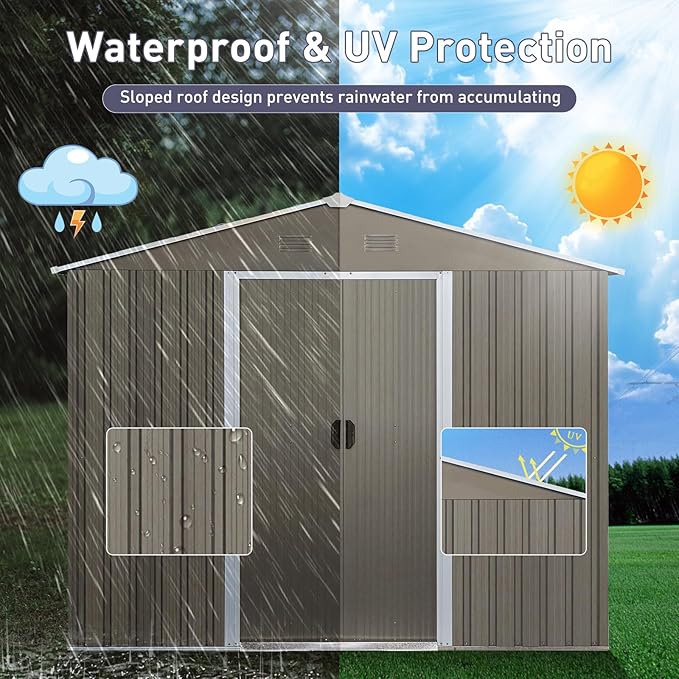 8x10 FT Outdoor Metal Shed,Tool Storage Cabinet with Floor Base and Window,Sliding Doors & Padlock,Waterproof Oversized Shelter for Shovels,Umbrellas,Grey