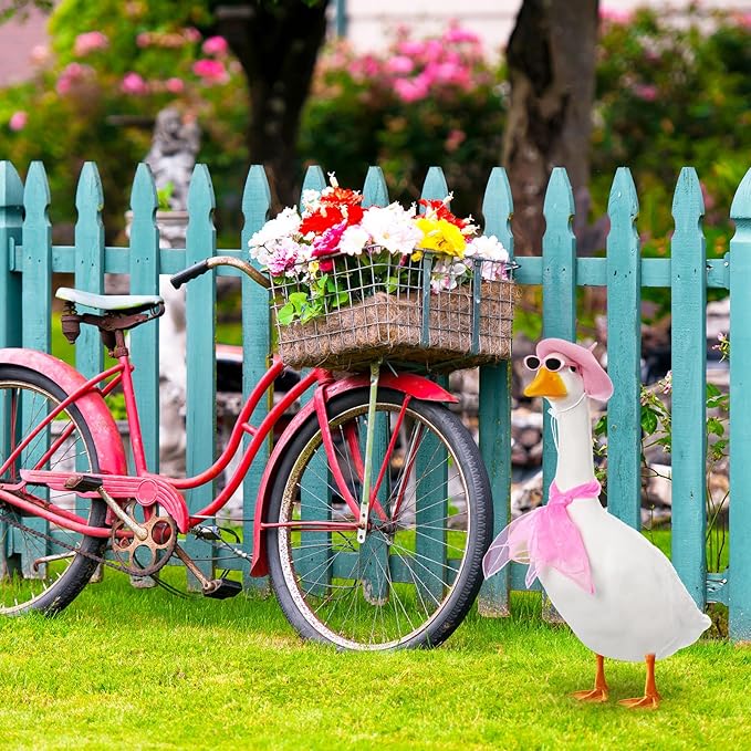 Yaomiao 3 Pcs French Porch Goose Outfit Set for 23'' 17'' Cement Plastic Lawn Goose Costume 50s French Beret Hat for Statue Halloween Carnival Statue Decor(Pink)