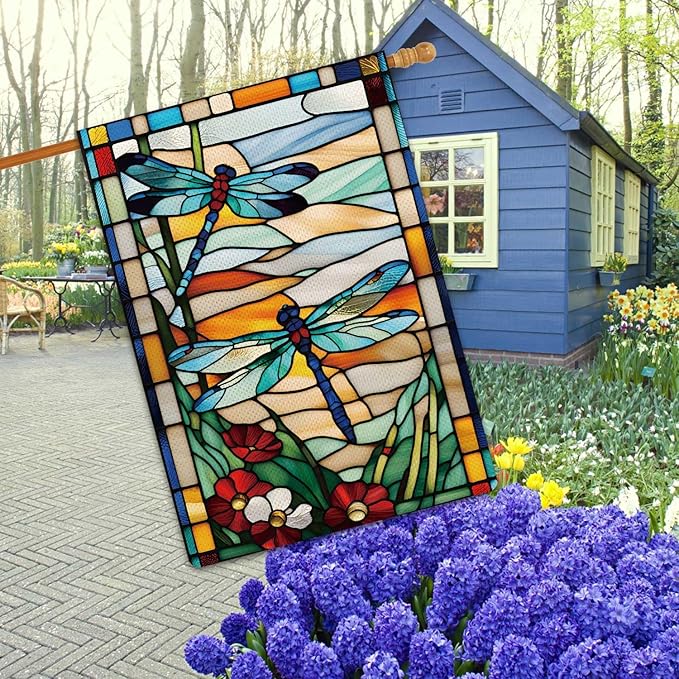 Spring Summer Dragonfly Garden Flag Glass Style Flowers Garden Flag Vertical Double Sided Rustic Farmland Burlap Yard Lawn Outdoor Decor 28x40"