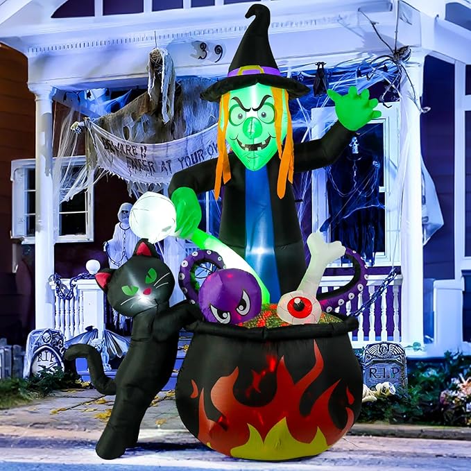8FT Halloween Inflatable Witch Stirring Cauldron, Lighted Blow Up Yard Decoration with Cat, Tentacles & Eyeball, Giant Outdoor Prop for Lawn, Party, Haunted House
