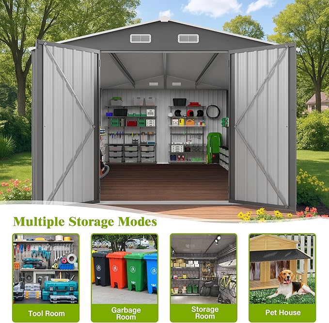 10x14 FT Outdoor Metal Storage Shed, Durable Garden Shed with Three Lockable Doors & Clear Window for Backyard, Patio, All-Weather Shelter for Bike, Gardening Tools, Lawn Mowers, Grey
