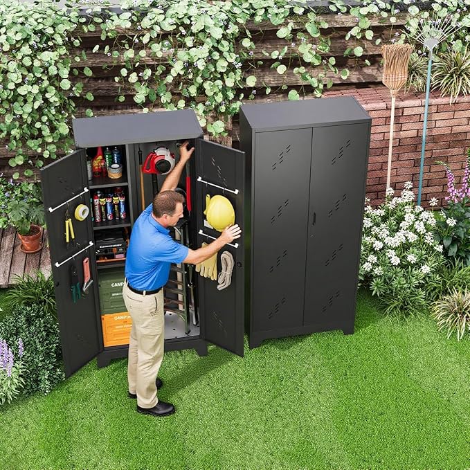 Storage Cabinet 1.4×2.8 FT, Metal Outdoor Sheds for Garden Tool Organization, Heavy Duty Storage Sheds with Lockable Doors and Vents for Backyard, Garden, Patio Lawn