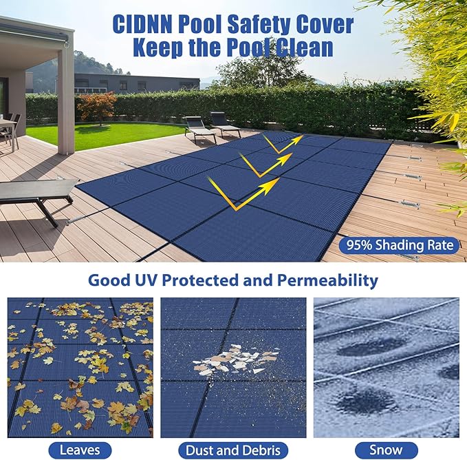 Inground Pool Cover Safety Fits Rectangle Swimming Pool, Mesh Solid Pool Cover for Inground Pools,Winter Pool Safety Cover Includes Safety Net and Installation Tools Blue (Blue, Fits 14x28ft Pools)