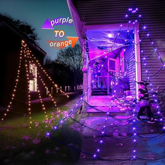 EAMBRITE Giant Spider Web Lights Halloween Decorations Outdoor with 135 LED Purple & Orange Lights, 17Ft Outside Huge Lighted Black Spider Web Halloween Light for Yard Party Haunted House Decor