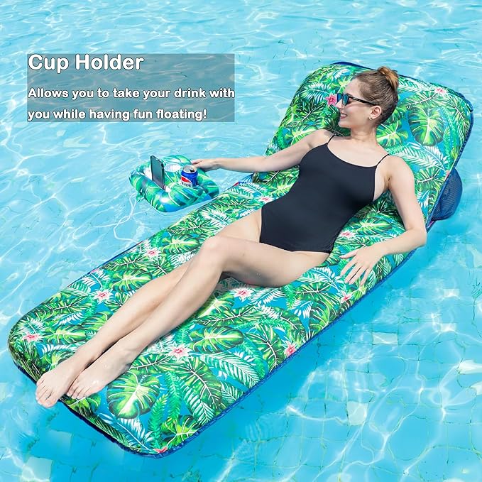 FindUWill Inflatable Pool Float Lounger - Fabric Pool Float with Cup Holder, Backrest, Swimming Water Floaties Pool Raft for Adults