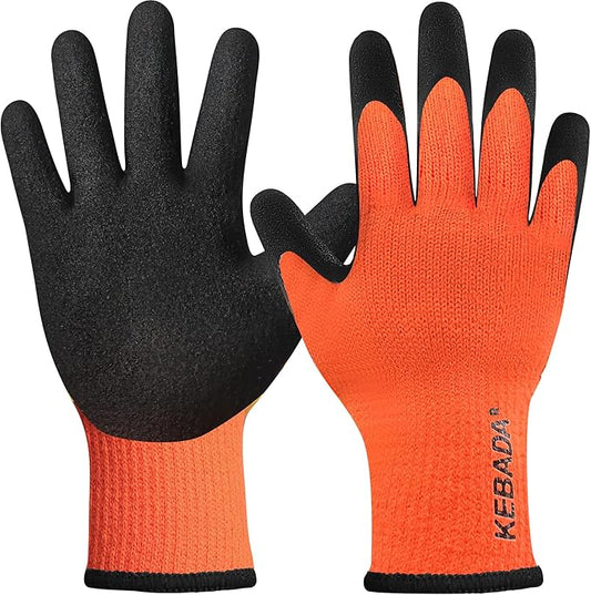 Kebada T3 Winter Work Gloves for Men and Women, Warm Knit Cold Weather Work Gloves, Thermal Insulated Freezer Gloves, 100% Latex Coating Non-slip Grip, Long Wrist Design, 1 Pair, Orange, Medium