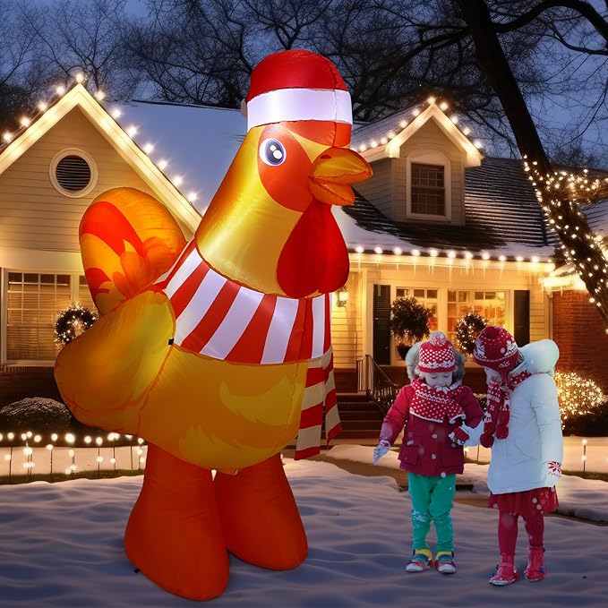 6Ft Christmas Rooster Inflatable with Built in LED Lights Xmas Chicken Blow-Up Lawn Decoration for Winter Home Garden Yard Holiday Party Indoor Outdoor Decor