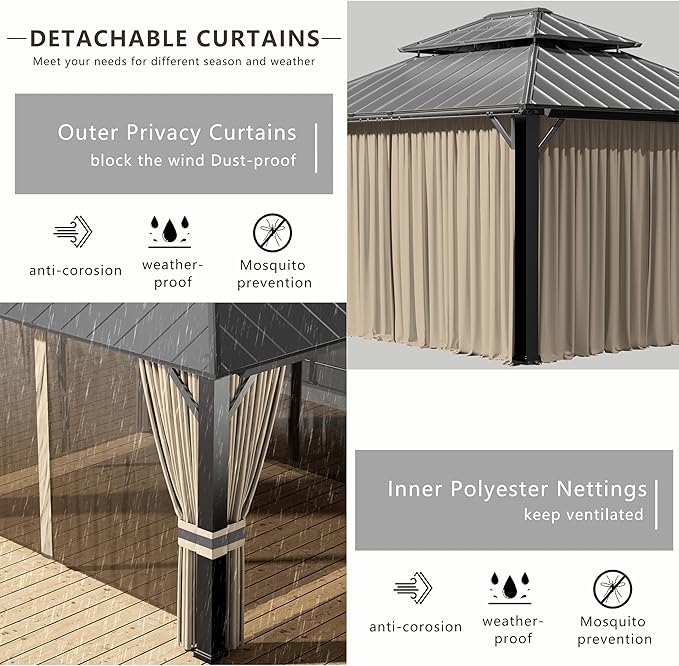 12x14ft Hardtop Gazebo Double Roof, Outdoor Pavilion with 2-Layer Hard top Galvanized Iron Frame Garden Tent, Suitable for courtyards, backyards, Decks, and Grass