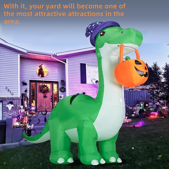 10FT Halloween Inflatable Huge Dinosaur Decorations Outdoor,Halloween Blow Up Yard Decorations Built-in LED Lights,Scary Party Decorations with Witch Hat and Pumpkin,for Garden/Lawn.