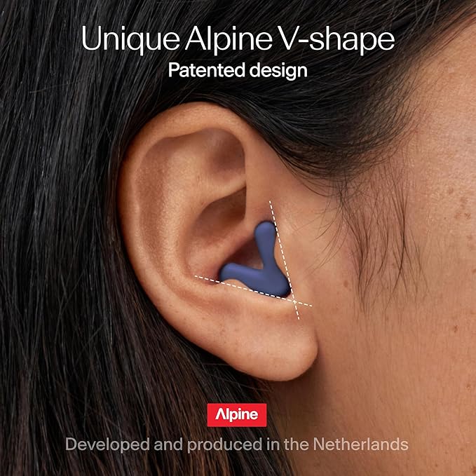 Alpine Silence Earplugs for Sleep, Focus & Travel - V-Shape Fit & Soft Oval Tips – 4 Sizes XS/S/M/L - Comfortable, Reusable Hearing Protection - 22dB – Midnight Blue