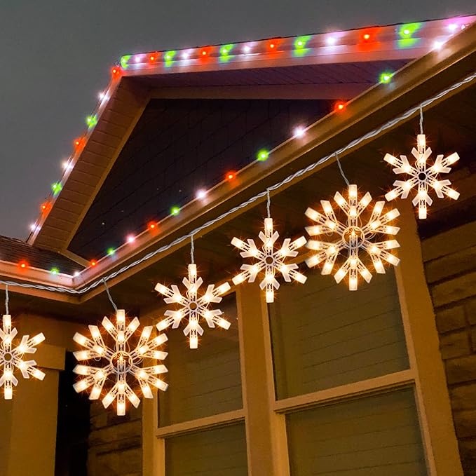 Dazzle Bright Christmas Snowflake Lights Outdoor,100 Count 8.5FT Connectable Waterproof Christmas Icicle Lights with 6 Drops Plug in for Indoor Xmas Yard Home Decorations (Warm White)