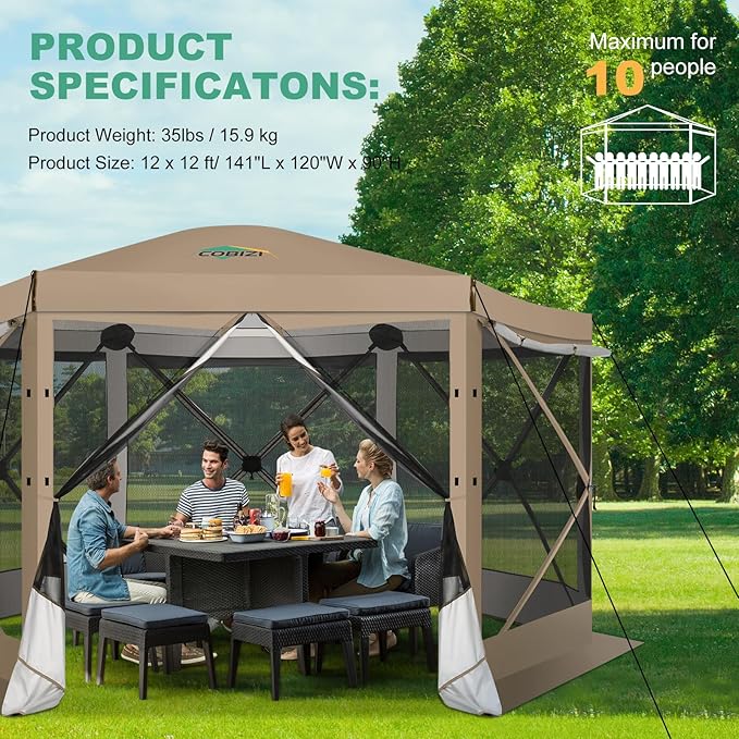 COBIZI 12x12 pop up Gazebo on Clearance Screen Tent for Camping, Scalable Sesign Outdoor Canopy Tent with Extension Support Poles & sidewalls,with Portable Carrying Bag and Ground Stakes,Khaki