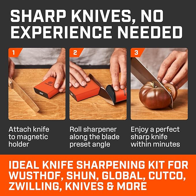 TUMBLER Pro Rolling Knife Sharpener™ - Knife Sharpening Made Easy - Rolling Knife Sharpening Kit with Removable Disc System - Includes 4-Layer Diamond Sharpening Disc & EdgeBoost Ceramic Disc (Orange)