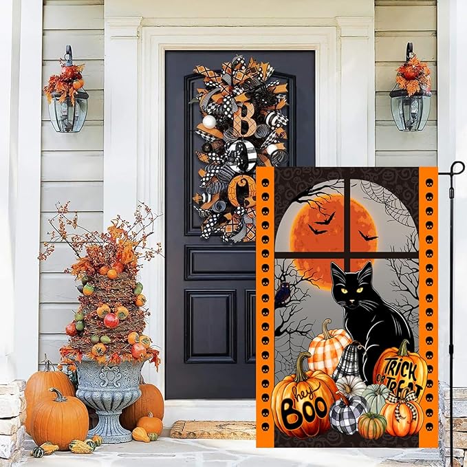 Black Cat Halloween Flag, Pumpkin Trick or Treat Boo Flag, Holiday Yard Flag, Garden Flag 12x18 Double Side