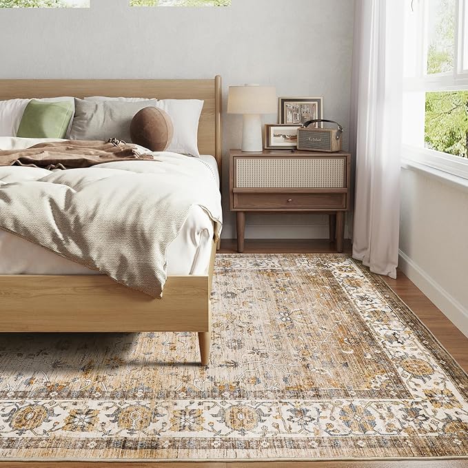 10x14 Area Rugs,Ultra-Thin Washable Rugs for Living Room,Non-Slip Lightweight Foldable Area Rug,Stain Resistant Vintage Large Rugs (Apricot/Blue, 10'x14')