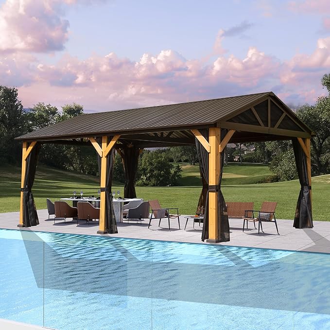 Domi Cedar Wood Gazebo 12’x20’ Hardtop Gazebo with Galvanized Steel Gable Roof, Outdoor Gazebos for Patio, Permanent Pergola for Deck, Backyard
