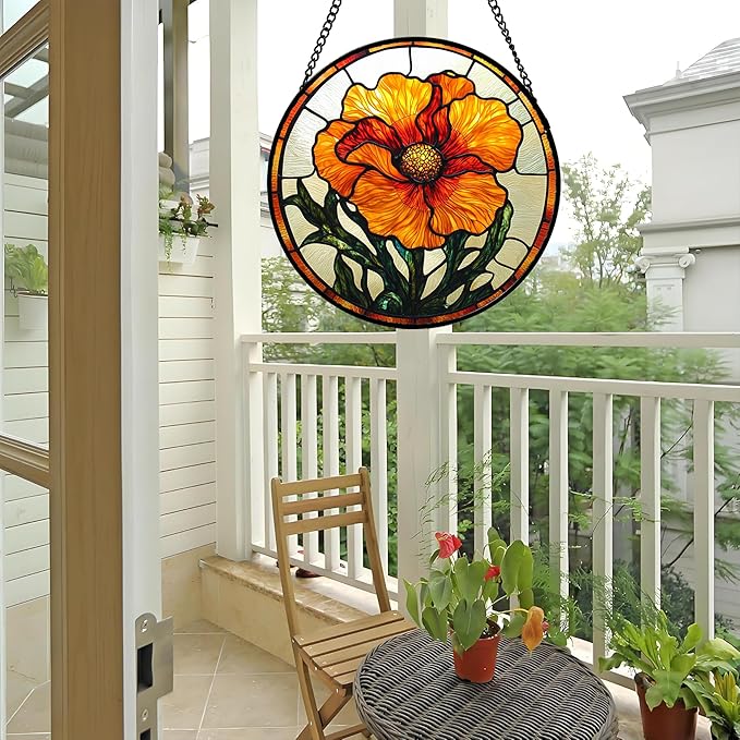 Stained Glass Window Hanging - Orange Poppy Birth Flower Suncatcher for Door Garden Yard Retro Sun Catchers Decor Christmas Mother's Day Birthday Gifts for Women Mom Nana Friend 15 in