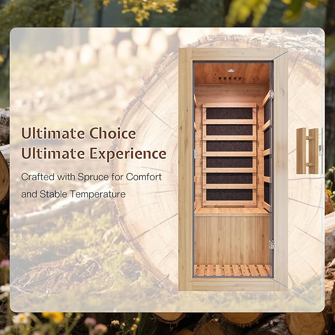 Jocisland 1 Person Infrared Sauna – 746W/110V Red Light, Pre-Warms to 149℉ in 15 Minutes, 106lbs Lightweight Spruce Wood Infrared saunas, Compact Dry Sauna for Home Spa & Apartments