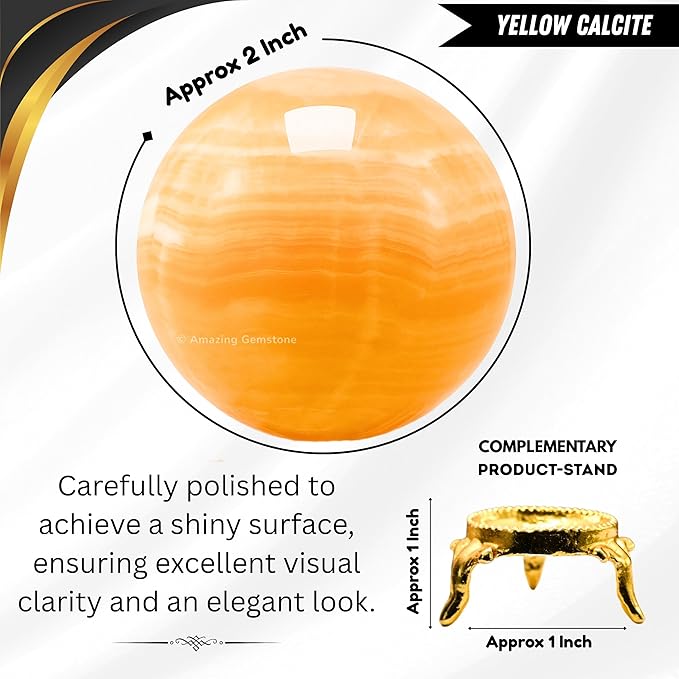 Amazing Gemstone Yellow Calcite Banded Crystal Ball with Stand - 2 Inches Crystal Sphere Meditation Balls for Witchcraft and Decorative Balls