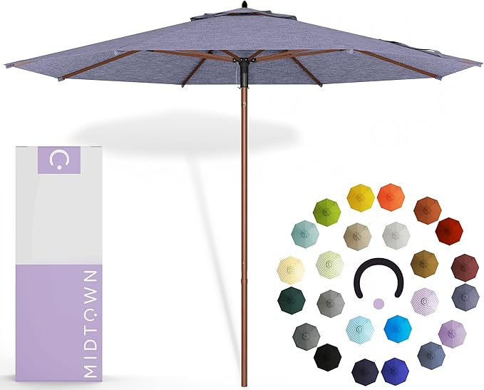 Midtown Umbrellas The Wooden 10 Feet Patio Umbrella With Terylast Purple Texture Polyester Fabric - Aluminum Frame Market Umbrella For Backyard, Deck, Garden, Pool - Wooden Pole
