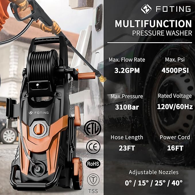 2025New Pressure Power Washer 4500PSI with 4 Quick Connect Nozzles,Inlet Hose & Filter, Foam Cannon for Cars/Fences/Driveways/Patios/Home Cleaning(Red)