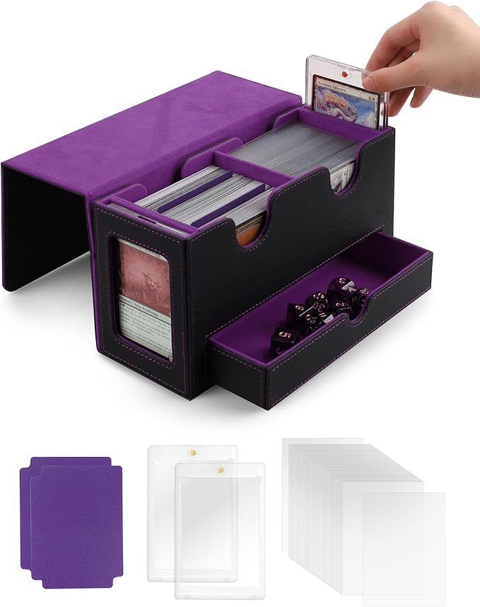 MRAUF MTG Deck Box with Double Commander Display and Dice Tray, Fits 200+ Double Sleeved Cards, Card Storage Box Plus 2 Magnetic Holders& 100Pcs Card Sleeves (Black& Purple)