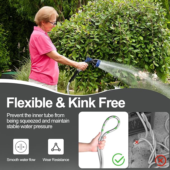 SPECILITE 125ft 304 Stainless Steel Garden Hose Metal, Heavy Duty Water Pipe with Nozzles for Yard, Outdoor - Flexible, Never Kink & Tangle, Puncture Resistant (Sliver)