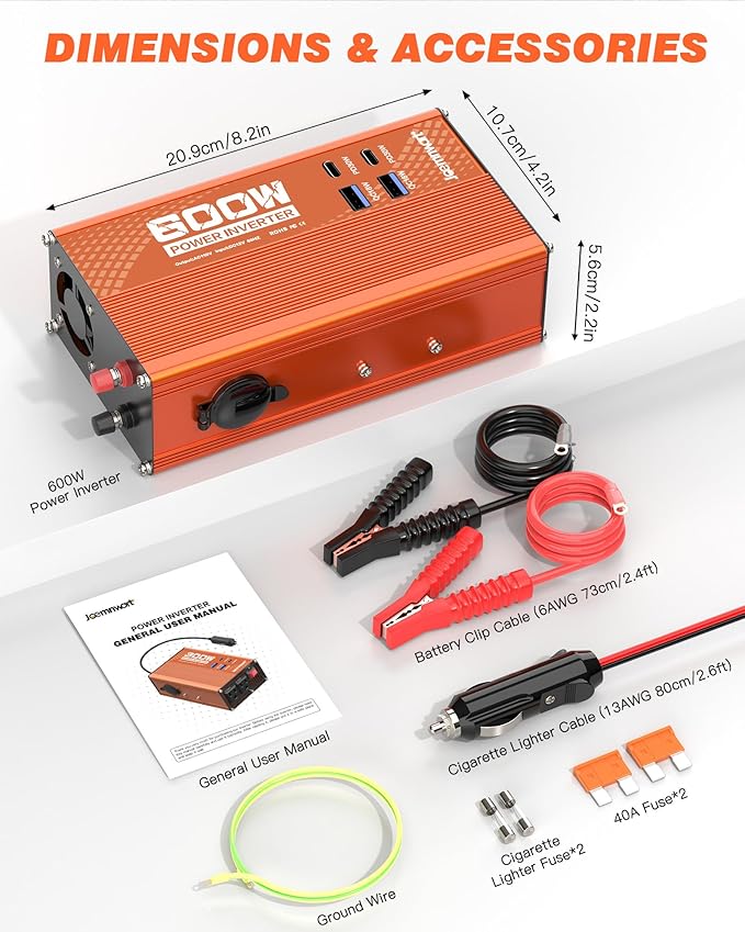 600W Power Inverter DC 12v to 110v AC Car Plug Adapter with [30W PD USB-C] & [18W QC USB-A] Fast Charging Ports, Dual AC Outlets, and Cigarette Lighter Socket for Vehicles