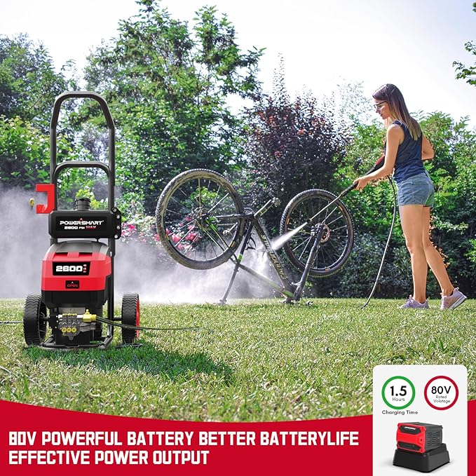 PowerSmart 80V 2600PSI Cordless Electric Pressure Washer, 6.0AH Battery Charger 1.2GPM, Battery Powered Electric Power Washer with 35FT Hose Reel, 27FT Hose, 5in1 Nozzle Set, Onboard Soap Tank