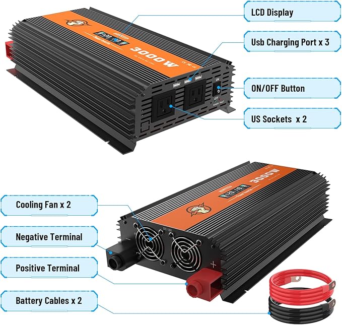 3000 Watt Power Inverter 12V to 110V, Modified Sine Wave DC to AC Car/Outdoor Converter, Dual 110V AC Outlets, 3 USB Port, LED Display for Solar, Camping, RV, Truck, Boat, Laptop and Emergencies