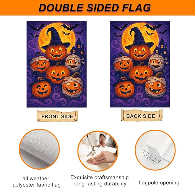 IVN Halloween Garden Flag 12x18 Inch Double Sided Pumpkin Mummy Witch Hat Outdoor Yard Flag for Outside Front Door Lawn Porch Patio Welcome Decor