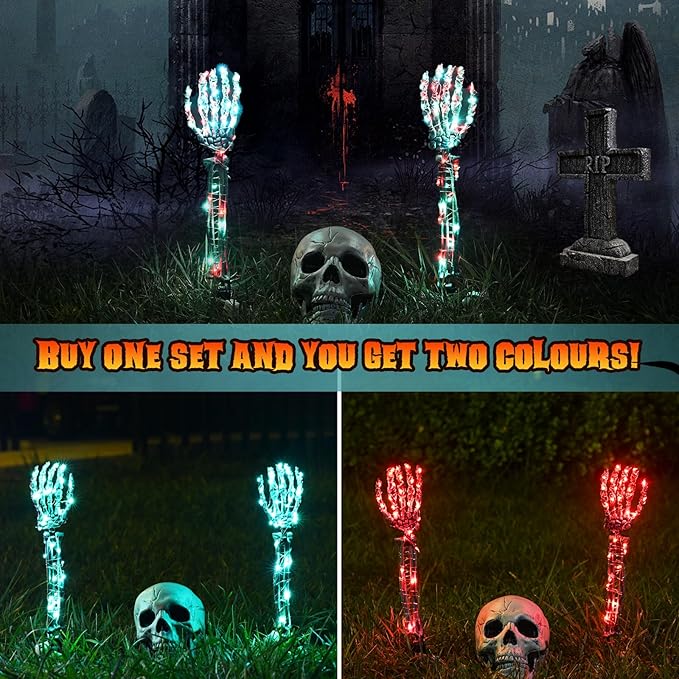 Halloween Lighted Skeleton Set, Skeleton Head & Arm Stakes with 2 Green 3 m LED Lights & 2 Red 3 m LED Lights (3 Lighting Modes), Realistic Halloween Decor for Outdoor Garden Yard Graveyard