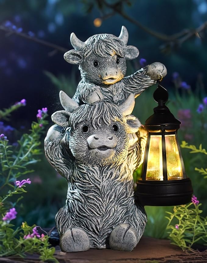 Solar Highland Cow Garden Decor - Resin Cow Statue with Solar Lantern Outdoor Yard Patio Decor - Ideal Gifts for Women,Mom Men (Grey)