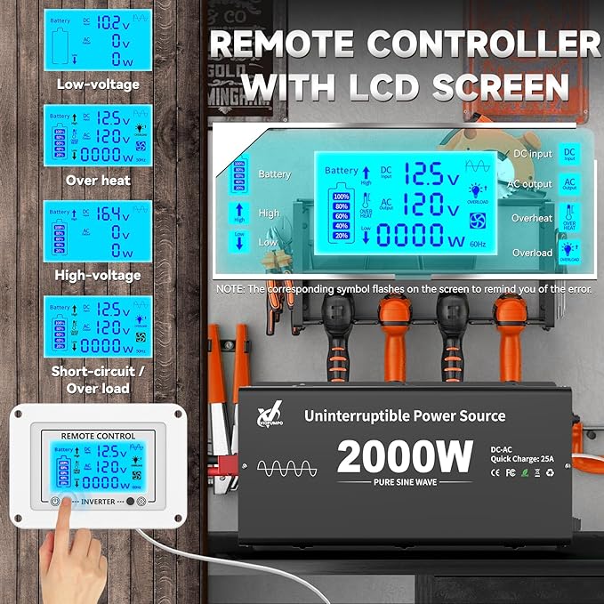 2000 Watt Sump Pump Battery Backup System, Pure Sine Wave Output, Professional Backup System in The Event of a Power Outage, Remote Controller with LCD Screen, Automatic Grid and Battery Switchover