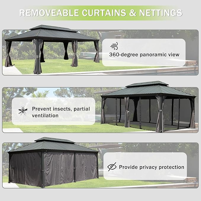 Domi 14x22FT Outdoor Gazebo, Hardtop Gazebo with Galvanized Steel Double Roof, Metal Gazebos with Drainage System Patio Pergola for Patio Deck Backyard,Curtain and Netting,Gray
