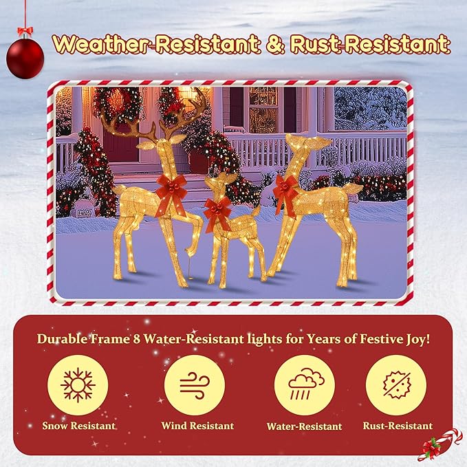 3D Reindeer Family Christmas Decor Set 4.5Ft Lighted Christmas Reindeer/Deer Family Set Outdoor Christmas Yard Decorations with Stakes & Zip Ties for Holiday Lawn Patio Party